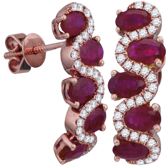 18k Rose Gold Oval Ruby Diamond Hoop Earrings 2-7/8 Cttw