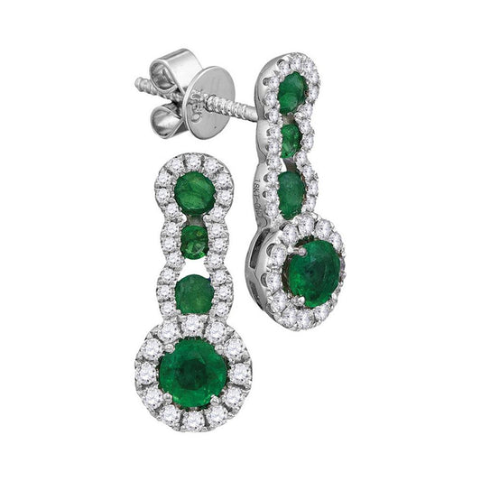 18k White Gold Round Emerald Diamond Fashion Earrings 1-1/3 Cttw