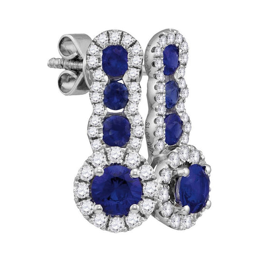 18k White Gold Round Blue Sapphire Diamond Fashion Earrings 1-3/8 Cttw