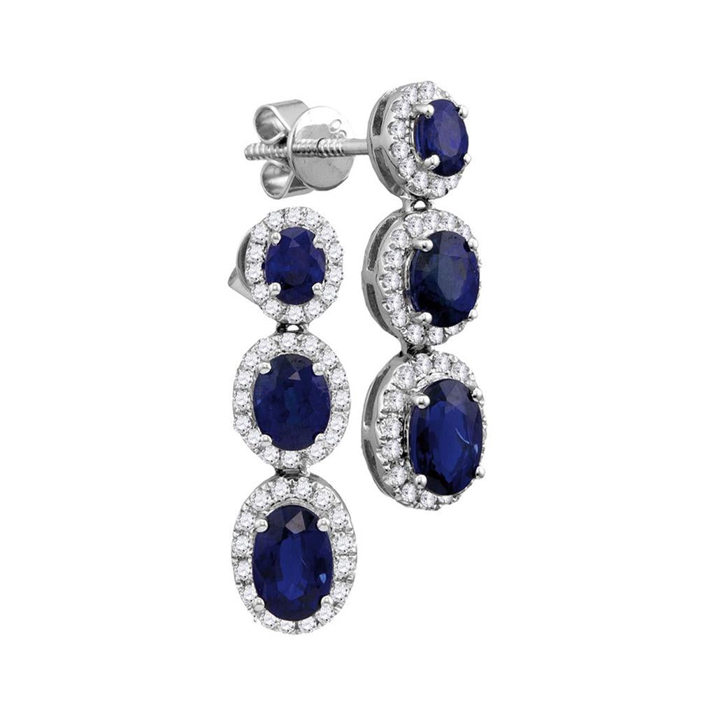 18k White Gold Oval Blue Sapphire Triple Dangle Earrings 3-1/4 Cttw