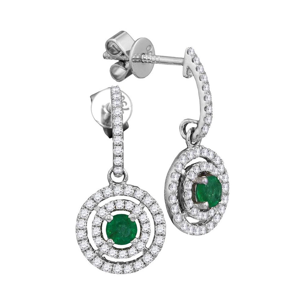 18k White Gold Round Natural Emerald Concentric Circle Dangle Earrings 3/4 Cttw