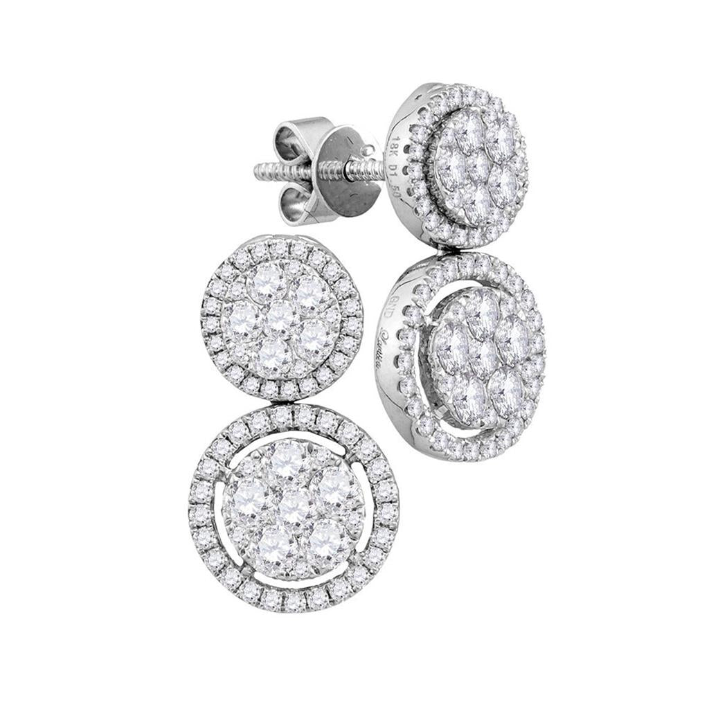 18k White Gold Round Diamond Circle Cluster Dangle Earrings 1-1/2 Cttw