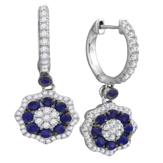 18k White Gold Round Blue Sapphire Dangle Earrings 1-1/4 Cttw