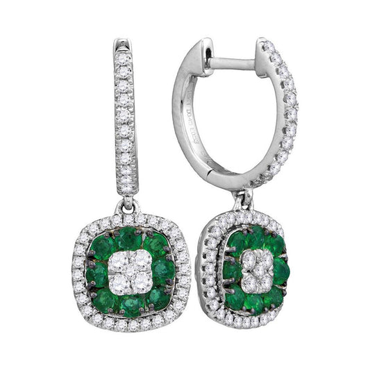 18k White Gold Round Emerald Diamond Dangle Earrings 1 Cttw