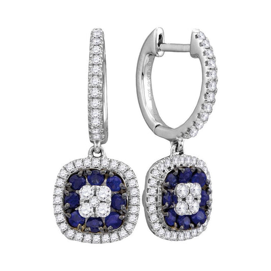 18k White Gold Round Blue Sapphire Square Dangle Earrings 1 Cttw