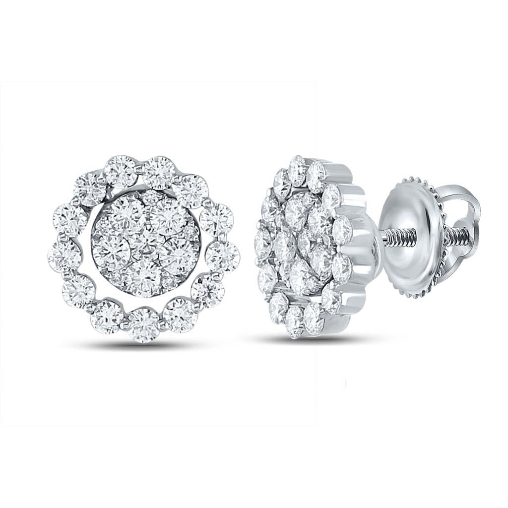 18k White Gold Round Diamond Cluster Earrings 1-1/3 Cttw