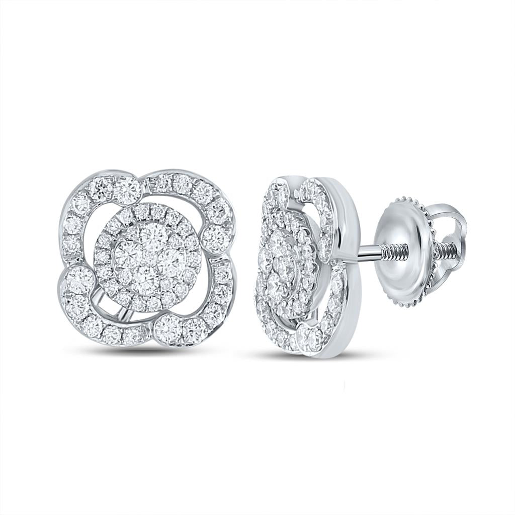 18k White Gold Round Diamond Cluster Earrings 1 Cttw
