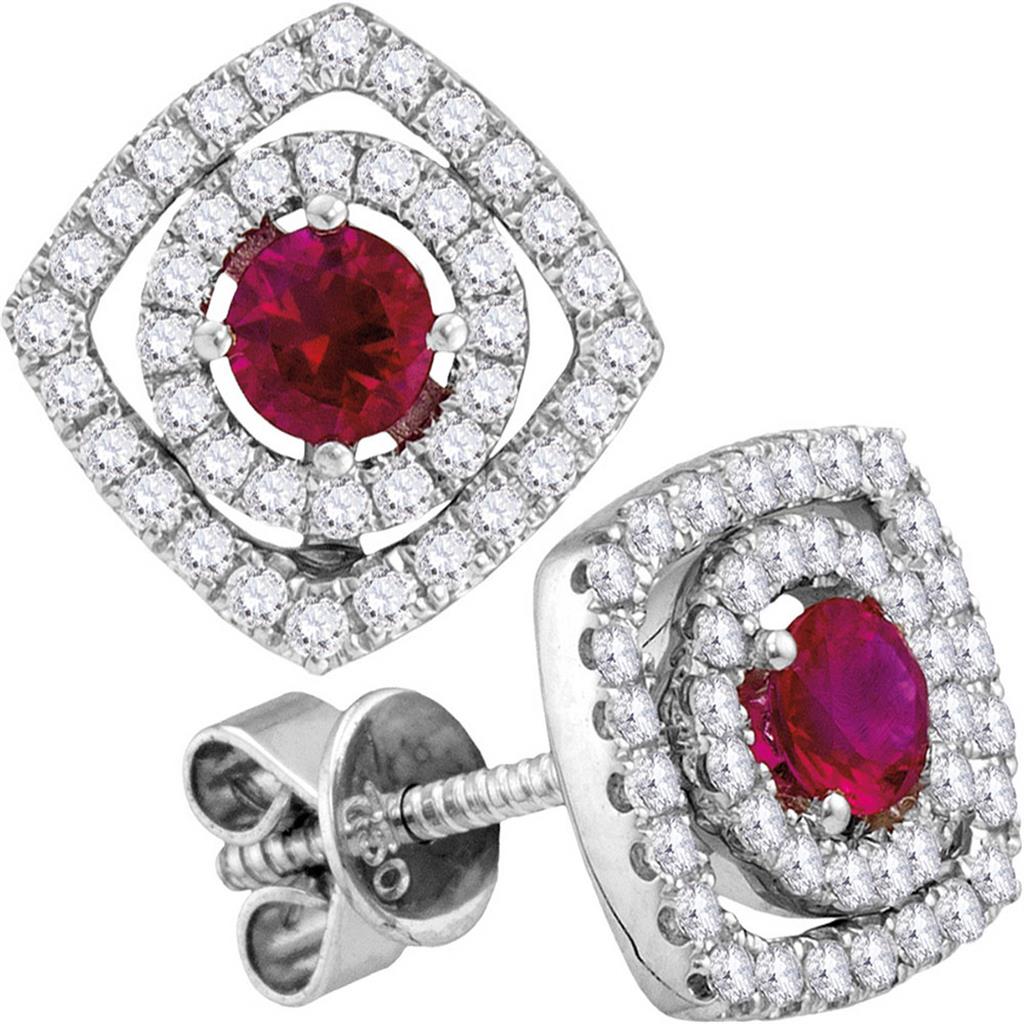 18k White Gold Round Ruby Diamond Fashion Earrings 7/8 Cttw