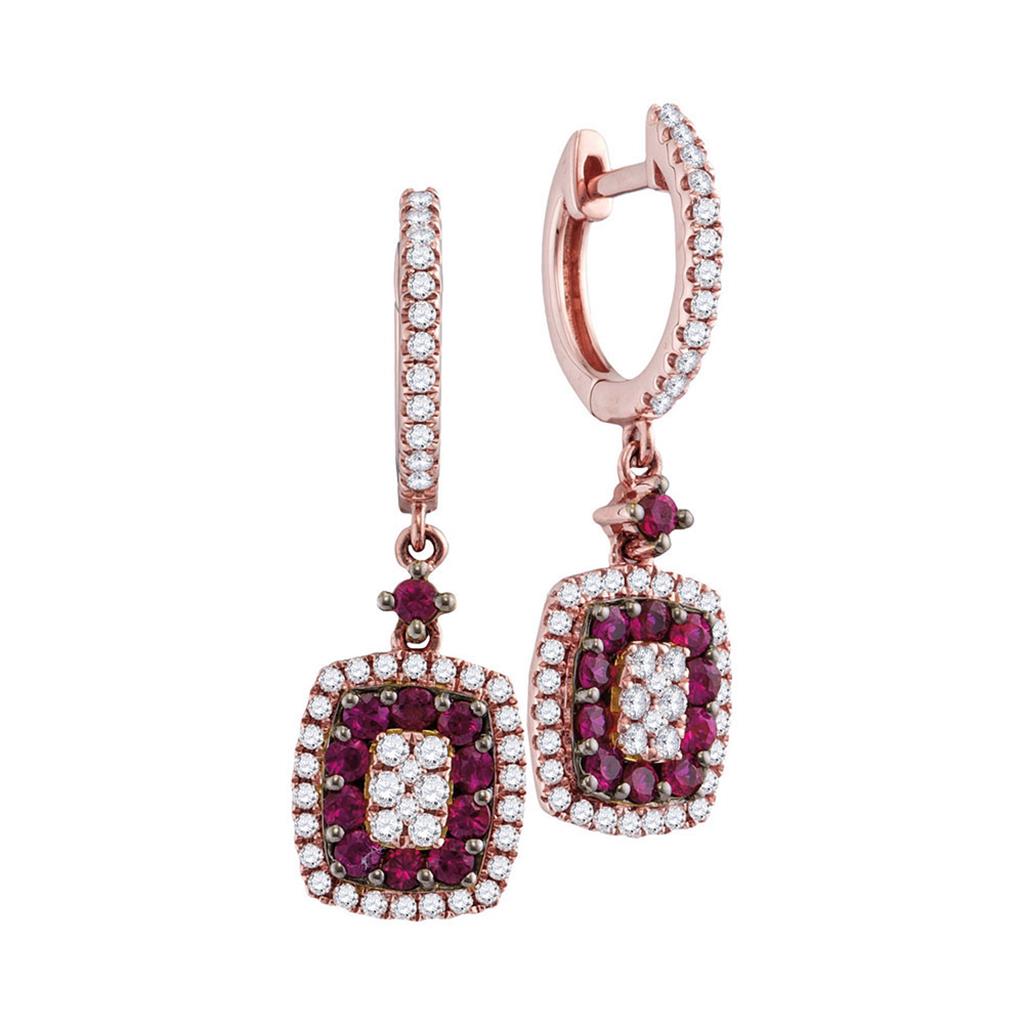 18k Rose Gold Round Ruby Diamond Dangle Earrings 1-1/4 Cttw