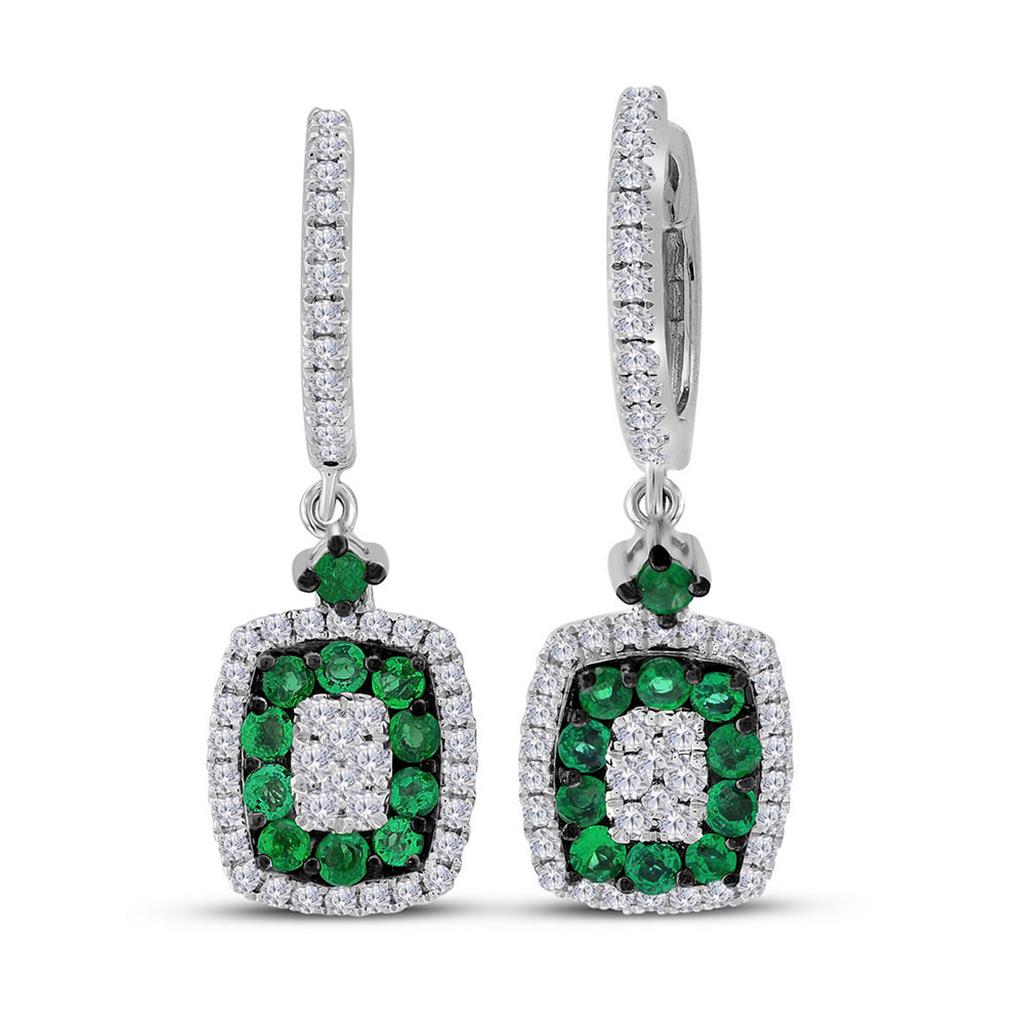 18k White Gold Round Emerald Diamond Dangle Earrings 1-1/4 Cttw