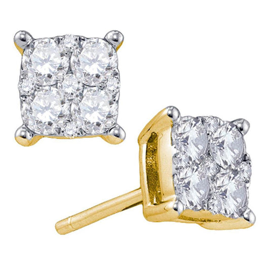 18k Yellow Gold Round Diamond Square Cluster Earrings 1 Cttw