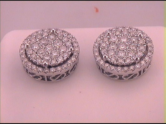 14k White Gold Round Diamond Circle Frame Cluster Earrings 1-1/4 Cttw