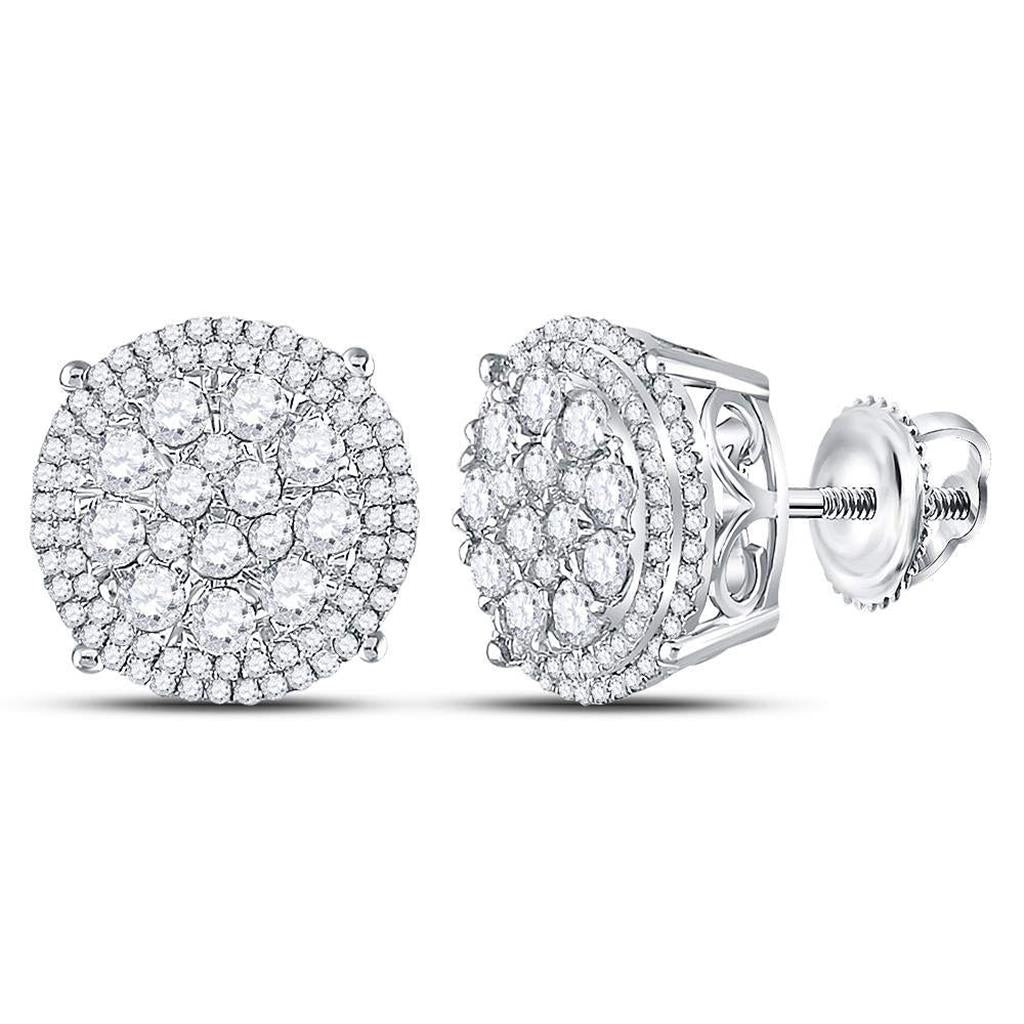 14k White Gold Round Diamond Cluster Stud Earrings 1-1/4 Cttw
