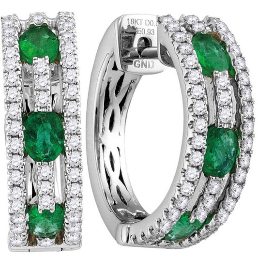 18k White Gold Oval Emerald Diamond Hoop Earrings 1-1/2 Cttw