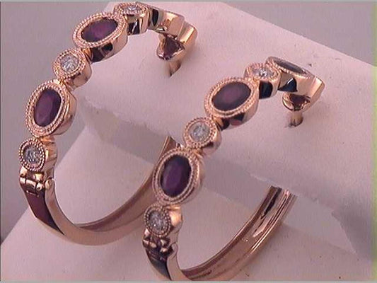 18k Rose Gold Oval Ruby Diamond Hoop Earrings 1-1/2 Cttw