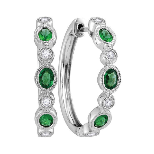 18k White Gold Oval Emerald Diamond Hoop Earrings 1 Cttw