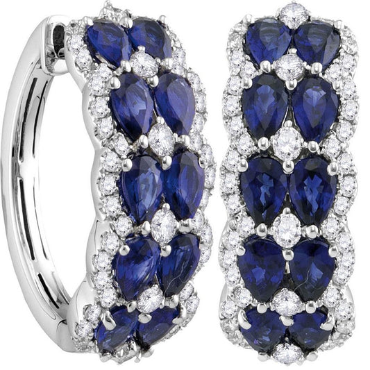 18kt White Gold Oval Blue Sapphire Diamond Double Row Hoop Earrings 4-5/8 Cttw