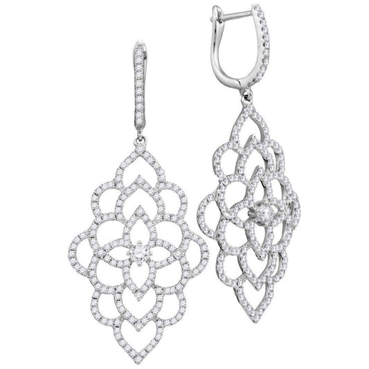 18k White Gold Round Diamond Petals Cocktail Dangle Earrings 1-3/8 Cttw
