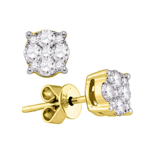 18k Yellow Gold Round Diamond Cluster Stud Earrings 7/8 Cttw
