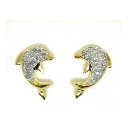 14k Yellow Gold Round Diamond Dolphin Earrings 1/6 Cttw