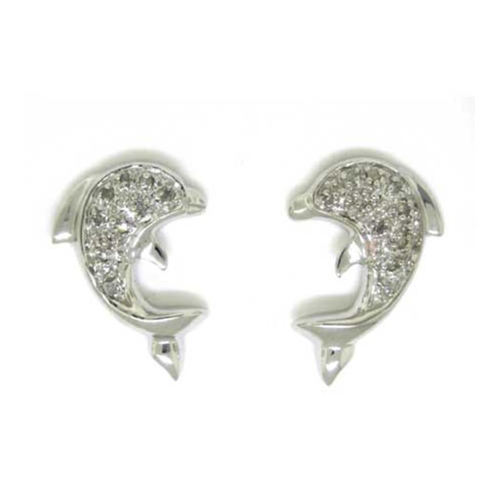 14k White Gold Round Diamond Dolphin Earrings 1/6 Cttw