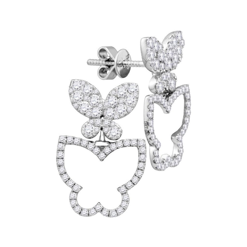 18k White Gold Round Diamond Butterfly Bug Stud Earrings 1-1/4 Cttw