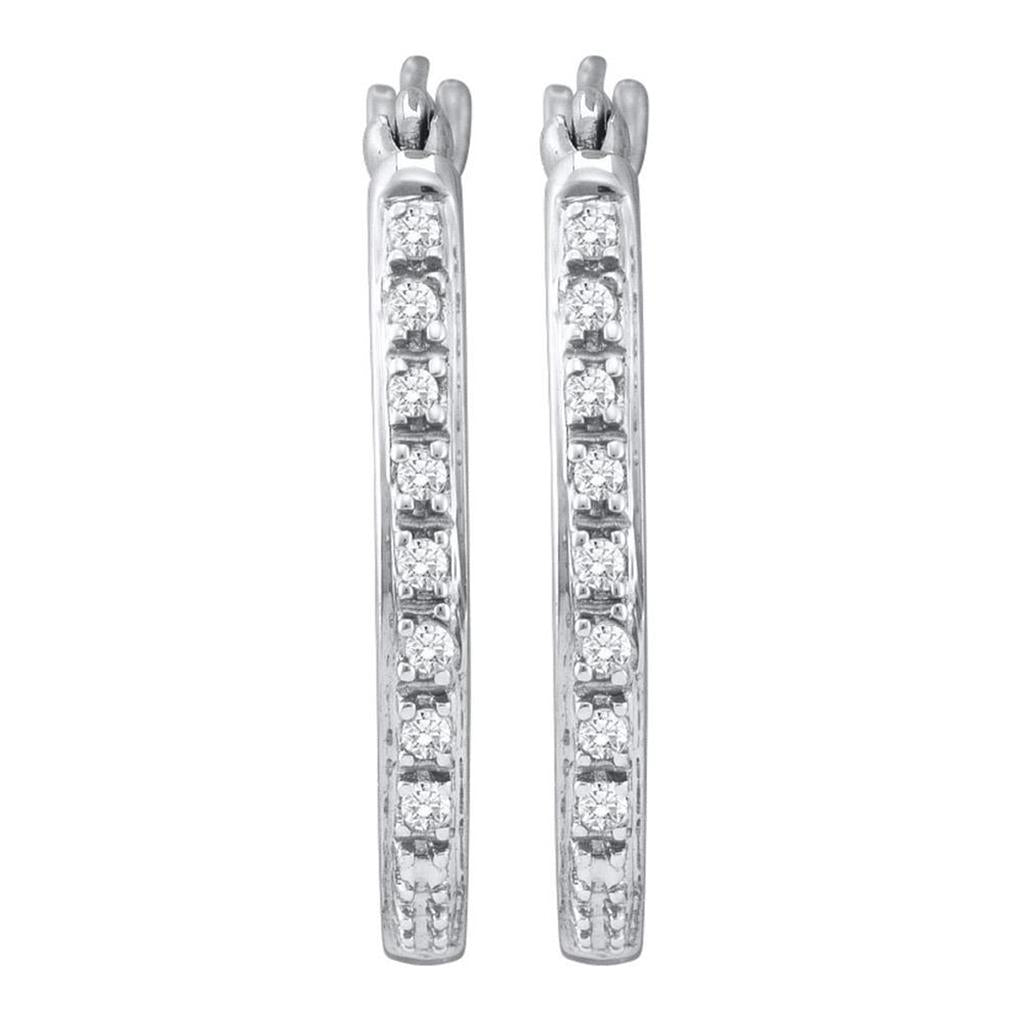 14k White Gold Round Diamond Slender Single Row Hoop Earrings 1/8 Cttw