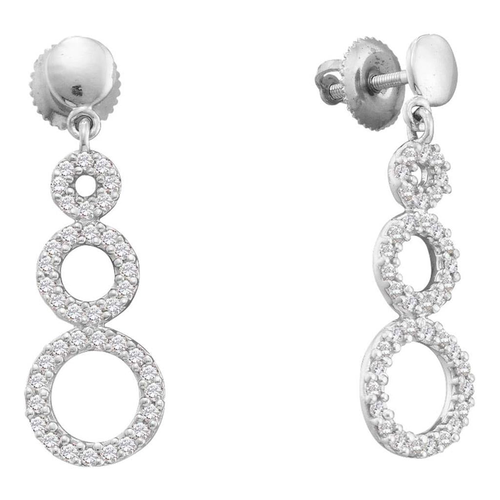14k White Gold Round Diamond Triple Circle Dangle Earrings 3/8 Cttw