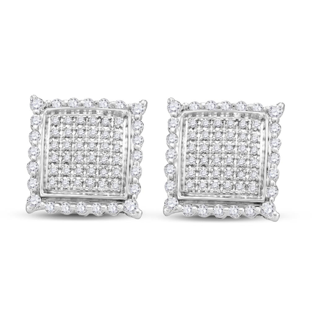 14k White Gold Round Diamond Square Cluster Earrings 1/2 Cttw