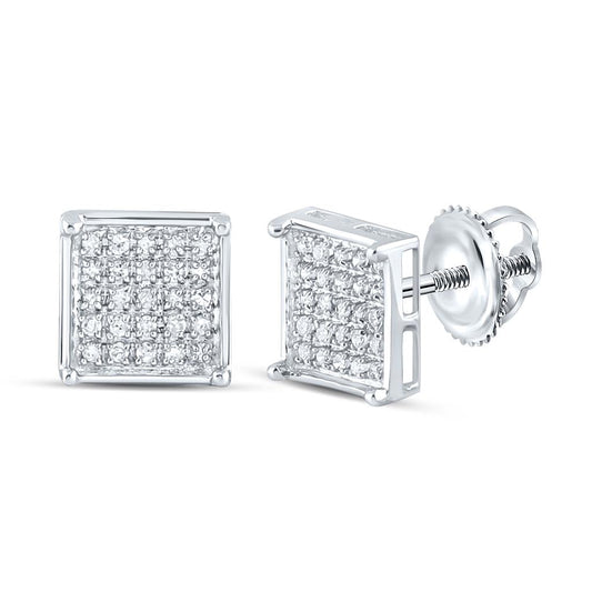 14k White Gold Round Diamond Square Cluster Earrings 1/6 Cttw
