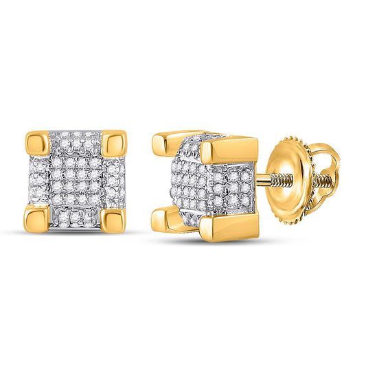 10k Yellow Gold Round Diamond 3D Cube Square Stud Earrings 1/4 Cttw
