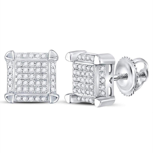 14kt White Gold Mens Round Diamond Square Cluster Stud Earrings 1/6 Cttw