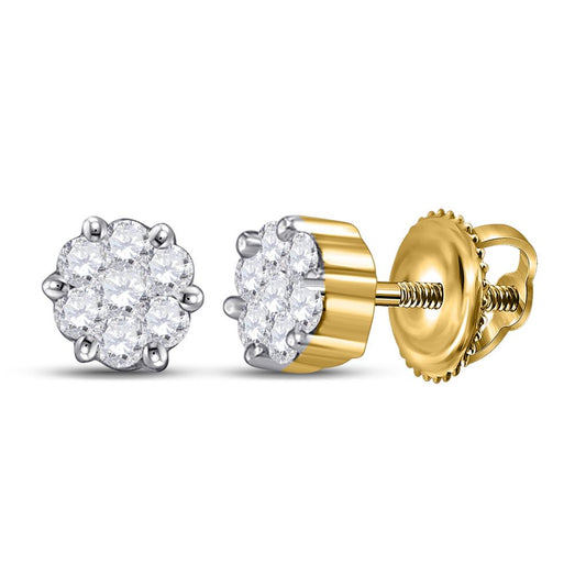 14k Yellow Gold Round Diamond Flower Cluster Earrings 1/3 Cttw