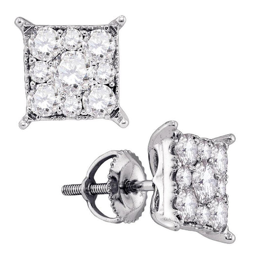 14k White Gold Round Diamond Square Cluster Earrings 1-1/4 Cttw