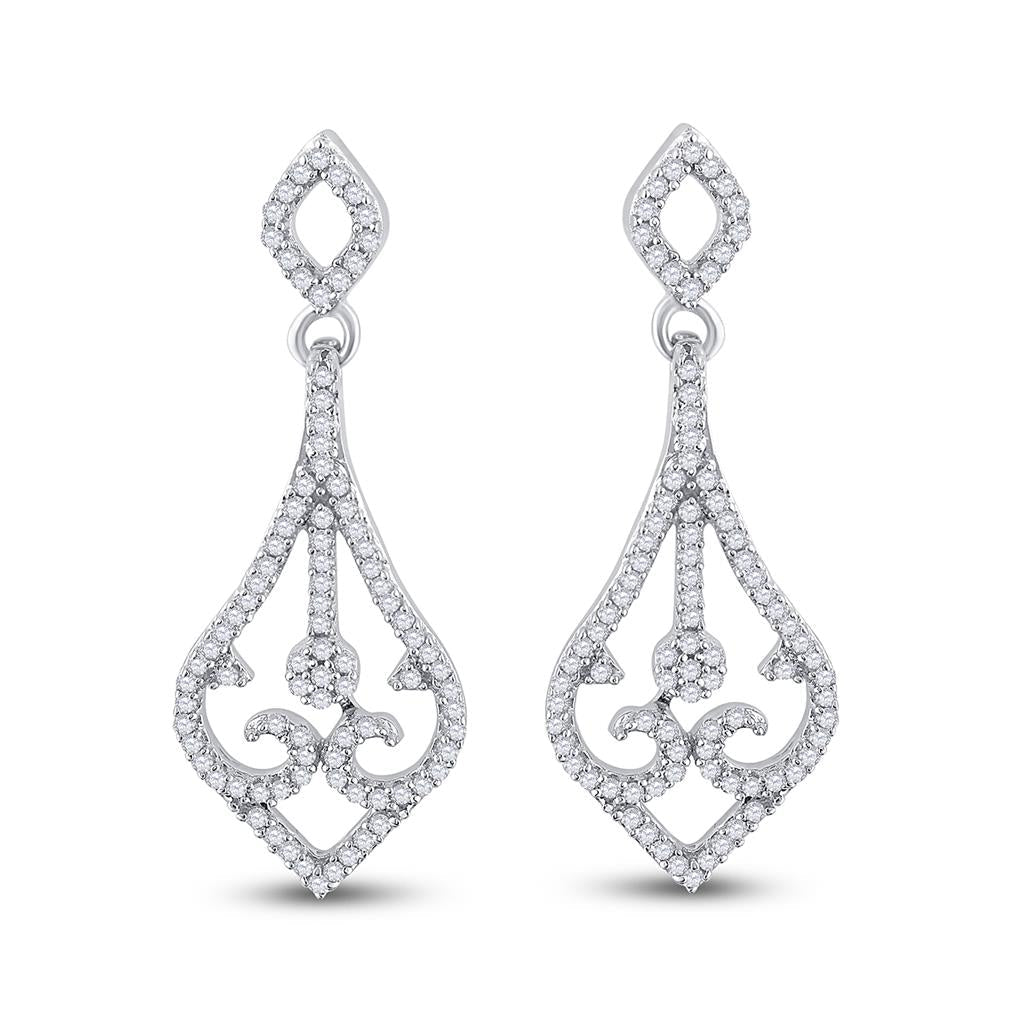 14k White Gold Round Diamond Scroll Teardrop Dangle Earrings 1/3 Cttw