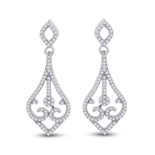 14k White Gold Round Diamond Scroll Teardrop Dangle Earrings 1/3 Cttw