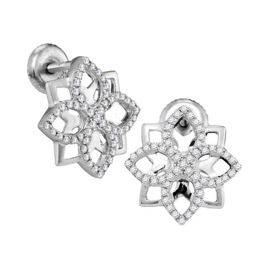 14k White Gold Round Diamond Geometric Leaf Stud Earrings 1/3 Cttw