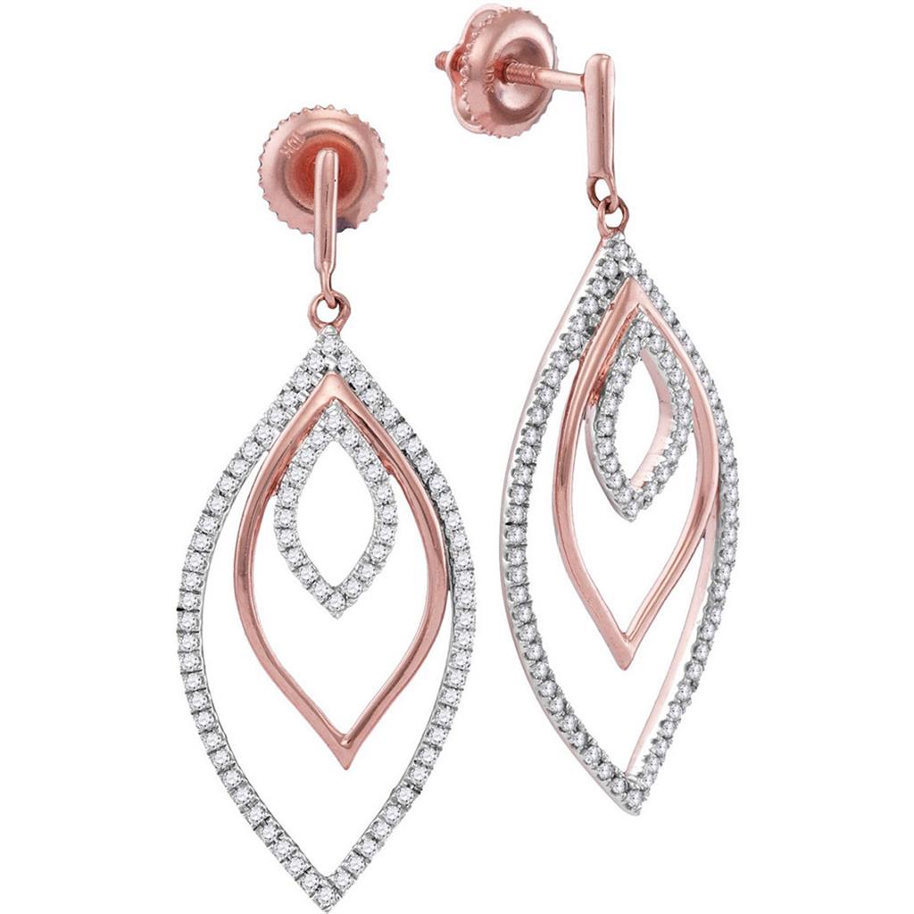 10k Rose Gold Round Diamond Triple Nested Oval Dangle Earrings 1/2 Cttw