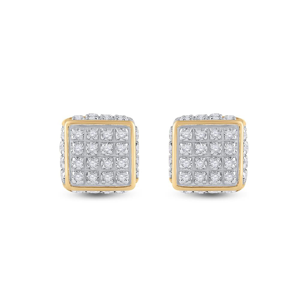 10k Yellow Gold Round Diamond 3D Square Stud Earrings 1/4 Cttw