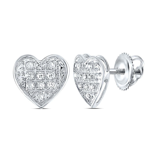 14k White Gold Round Diamond Heart Cluster Stud Earrings 1/20 Cttw
