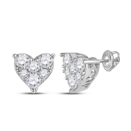 14k White Gold Round Diamond Heart Cluster Stud Earrings 1/3 Cttw