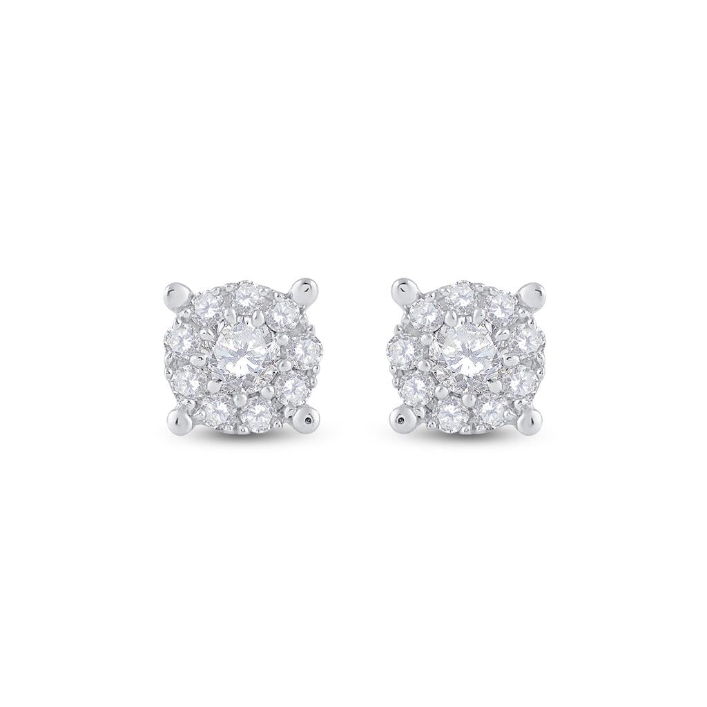 14k White Gold Round Diamond Solitaire Cluster Stud Earrings 1/3 Cttw