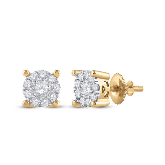 14k Yellow Gold Round Diamond Cluster Earrings 1/2 Cttw