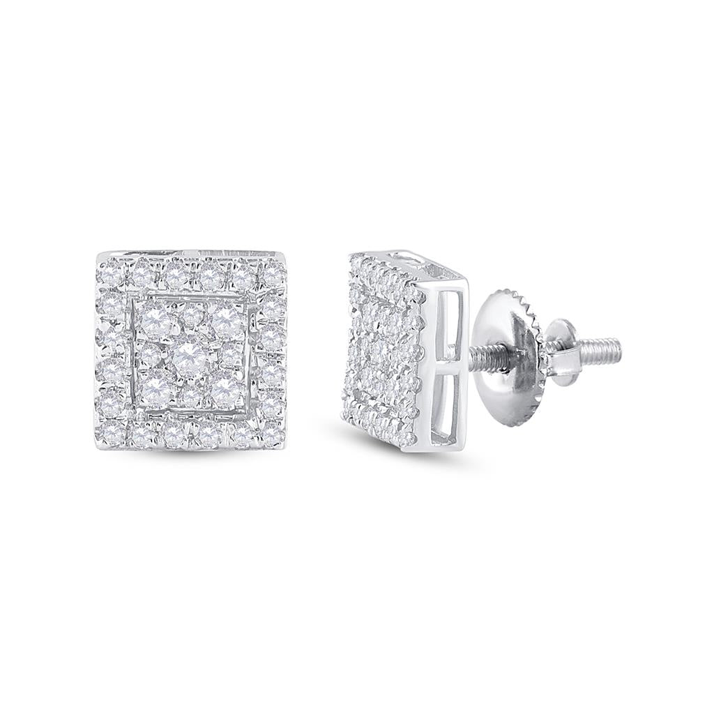 14k White Gold Round Diamond Square Cluster Stud Earrings 1/2 Cttw