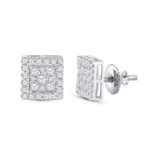 14k White Gold Round Diamond Square Cluster Stud Earrings 1/2 Cttw