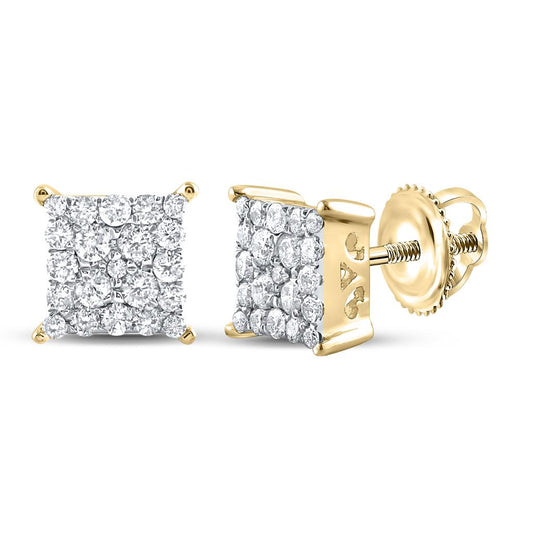 10k Yellow Gold Round Diamond Square Cluster Earrings 1/4 Cttw