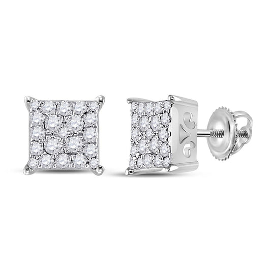 14k White Gold Round Diamond Square Cluster Earrings 1/4 Cttw