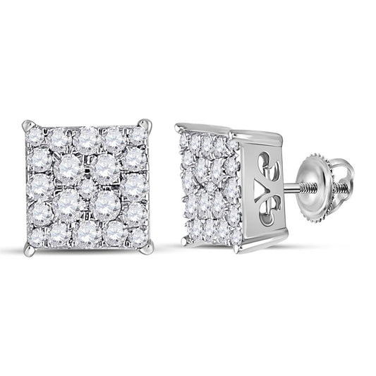 14k White Gold Round Diamond Square Cluster Earrings 1/2 Cttw