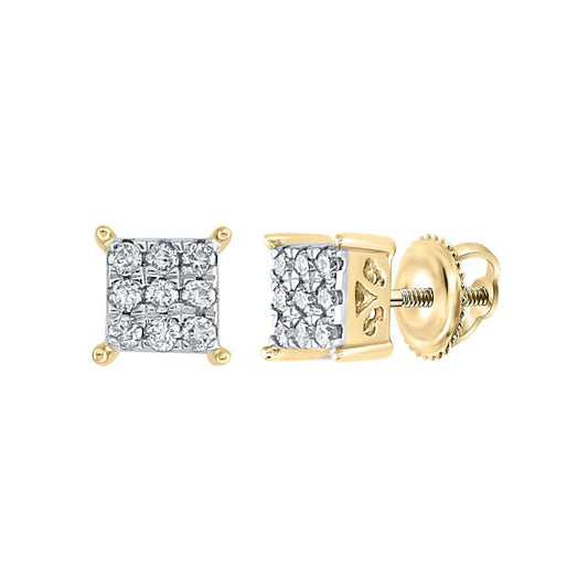 10k Yellow Gold Round Diamond Square Cluster Earrings 1/6 Cttw