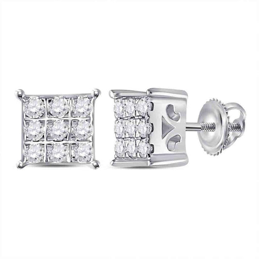 14k White Gold Round Diamond Square Cluster Earrings 1/6 Cttw